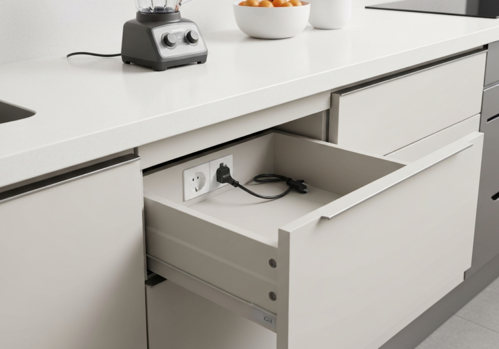 Montaż gniazda elektrycznego wewnątrz szuflady kuchennej na mikser i blender