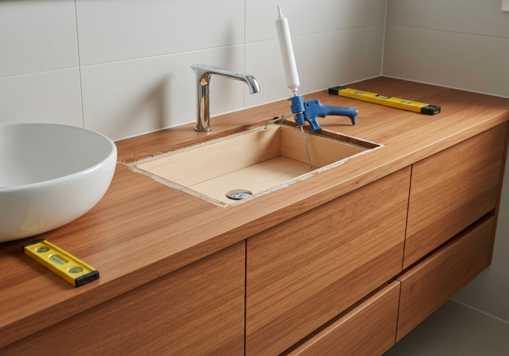 Montaż ciężkiej umywalki nablatowej na szafce z drewnianym blatem zabezpieczenie przed wodą