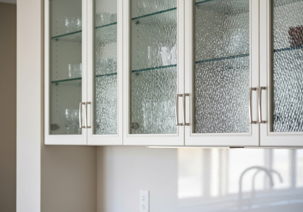 Zastosowanie szkła ornamentowego w witrynach kuchennych zamiast klasycznej gładkiej szyby