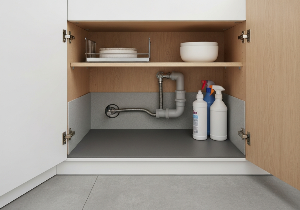 Czym skutecznie wyłożyć dno szafki pod zlewem aby zabezpieczyć płytę przed wilgocią?